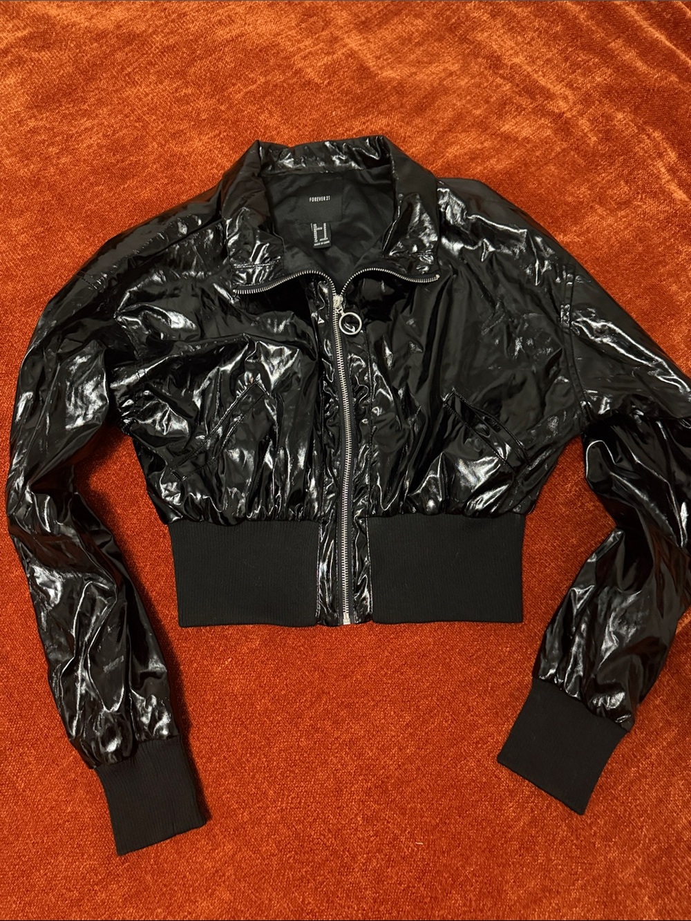 Forever 21 | Shiny Black Patent Cropped Bomber Jacket | M